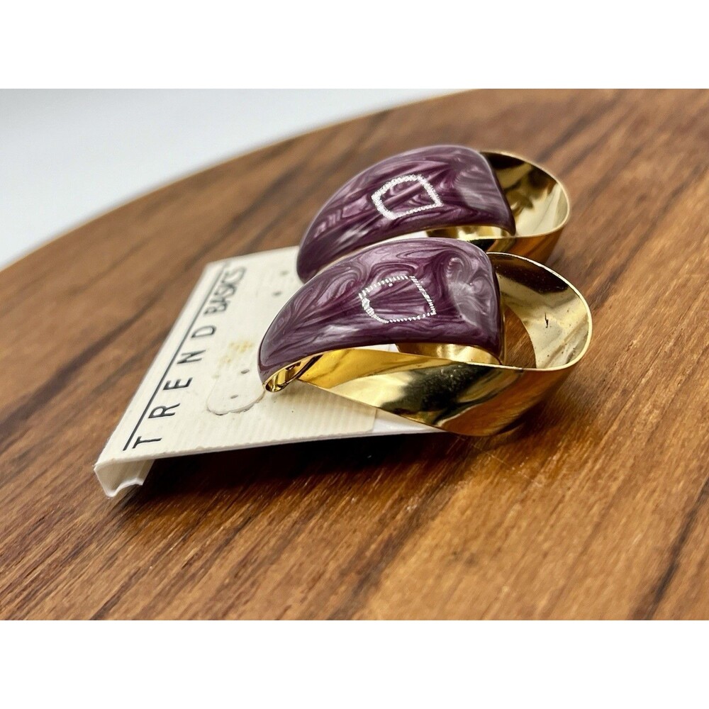Vintage 90s Trend Basics Double Hoop Earrings Purple Swirl Enamel Gold Tone New